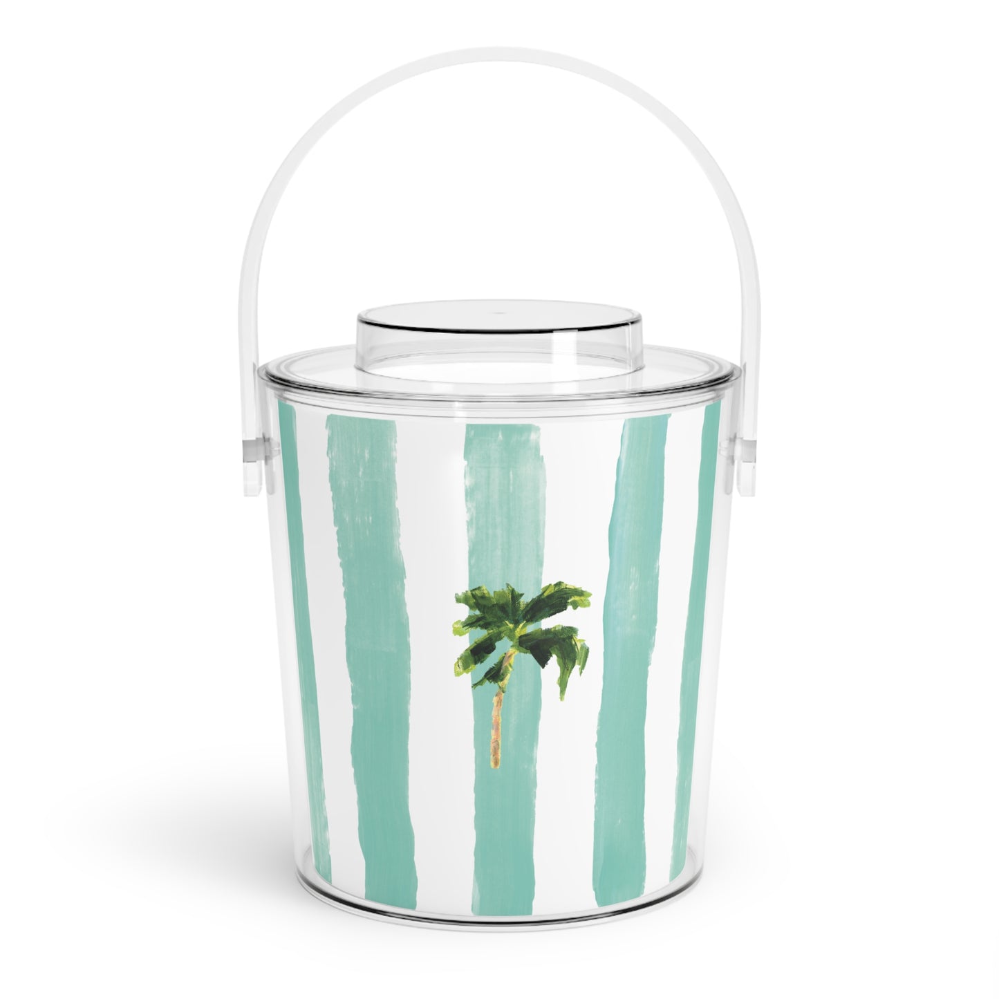 Ice bucket with tongs made from clear Lucite acrylic. Coastal design with removable lid for easy entertaining.