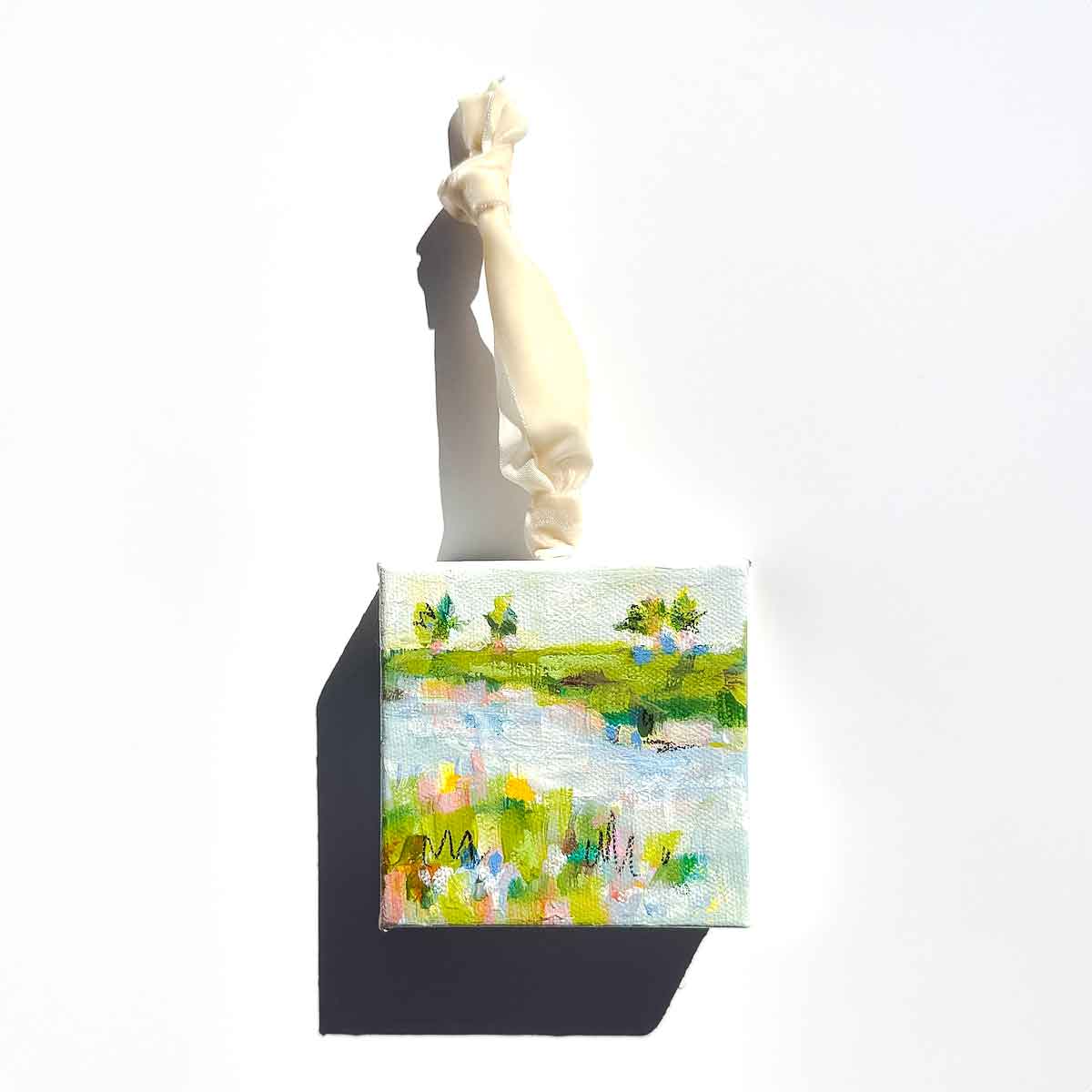 Original Art Christmas Ornament – 4x4 hand-painted canvas and ribbon, perfect for a coastal-inspired holiday.