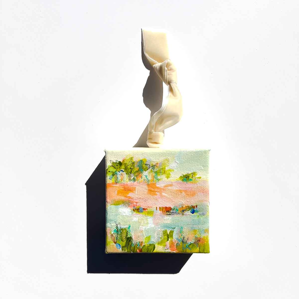 Original Art Christmas Ornament – 4x4 hand-painted canvas and ribbon, perfect for a coastal-inspired holiday.