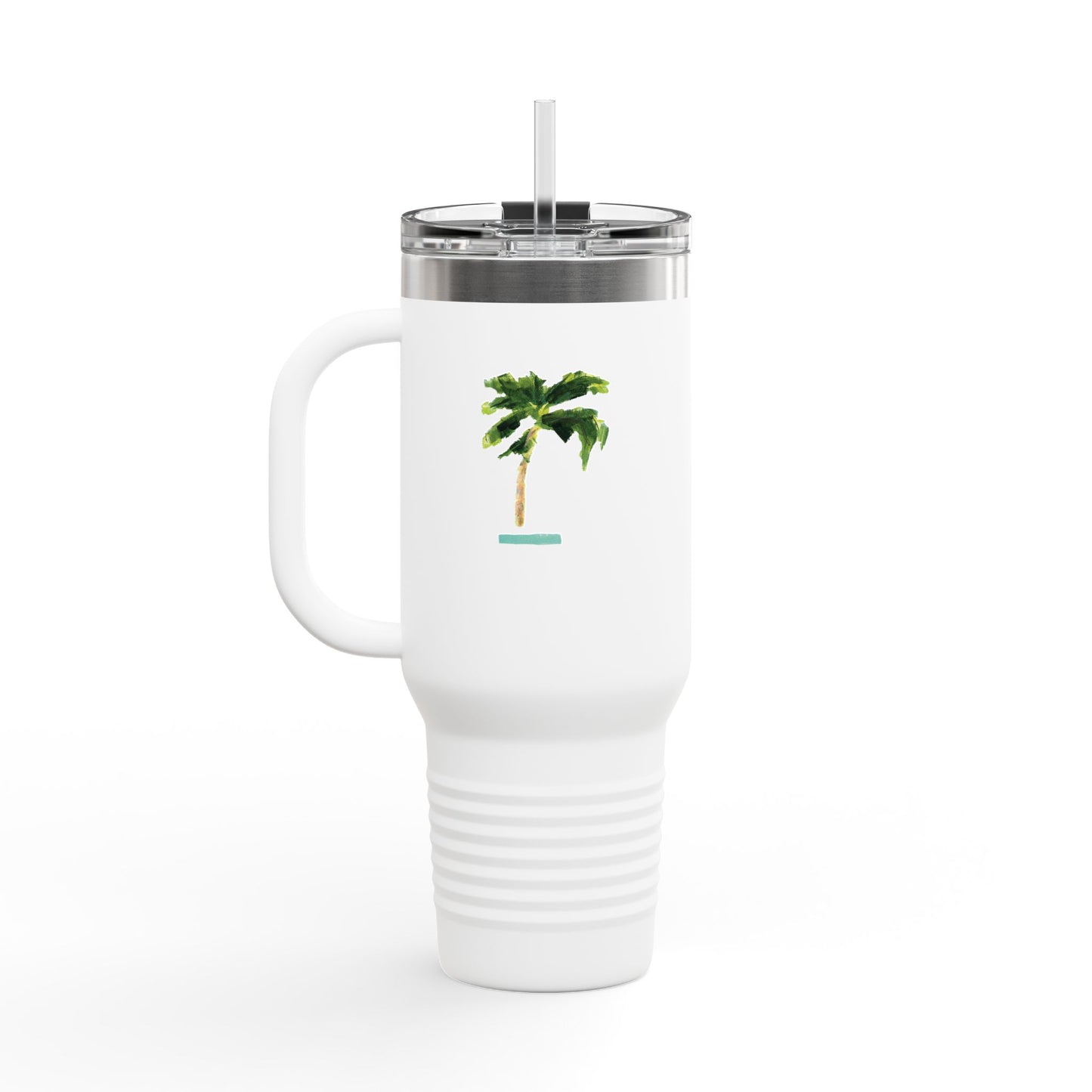 Insulated travel mug with coastal design is 40oz, double-wall stainless steel, and straw—keeps drinks cold or hot for hours.