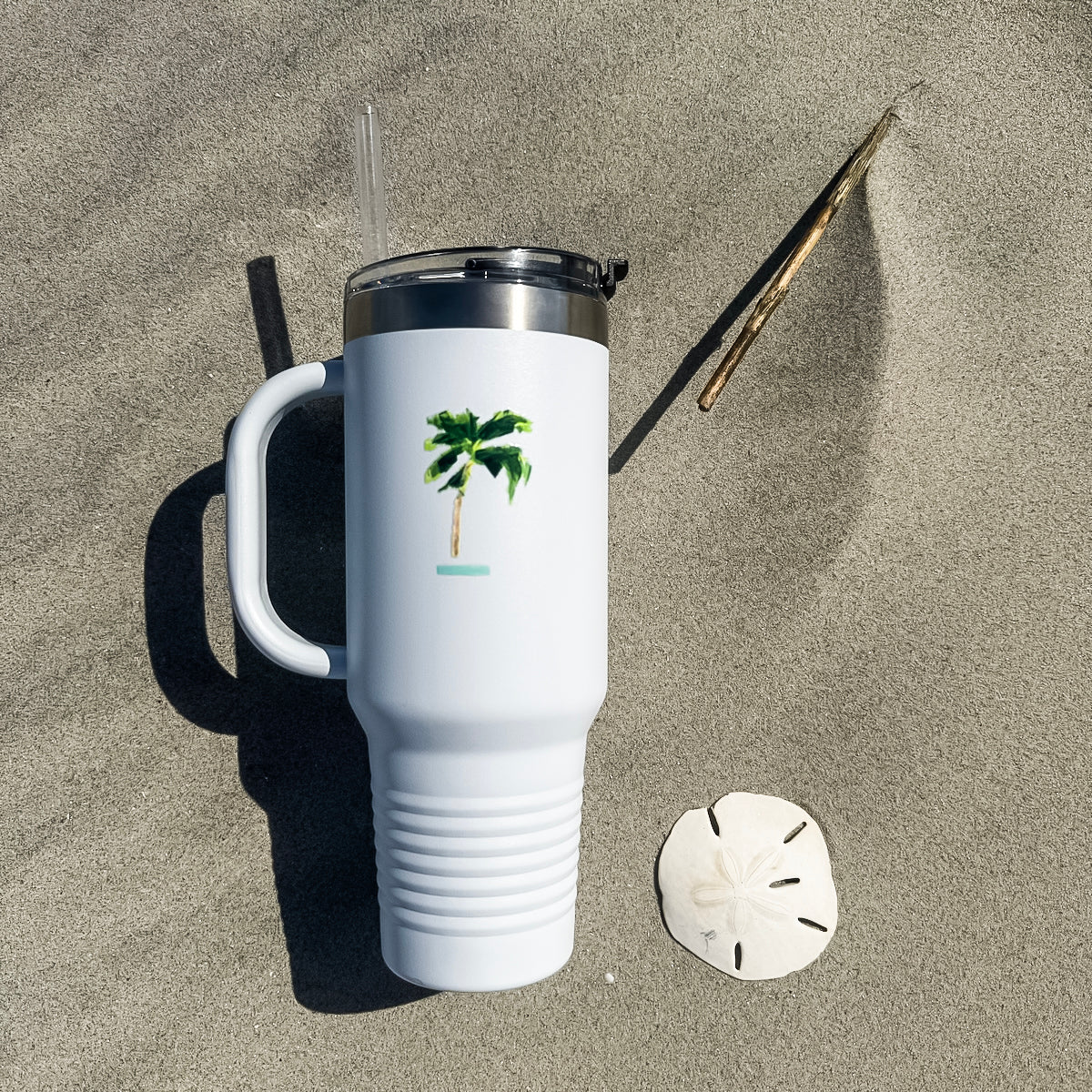 Insulated travel mug with coastal design is 40oz, double-wall stainless steel, and straw—keeps drinks cold or hot for hours.