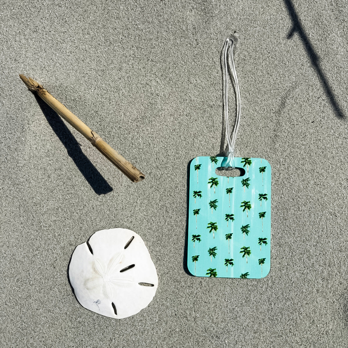 Coastal luggage tag in rectangle, 4” size with double-sided print—coastal style for easy bag spotting.
