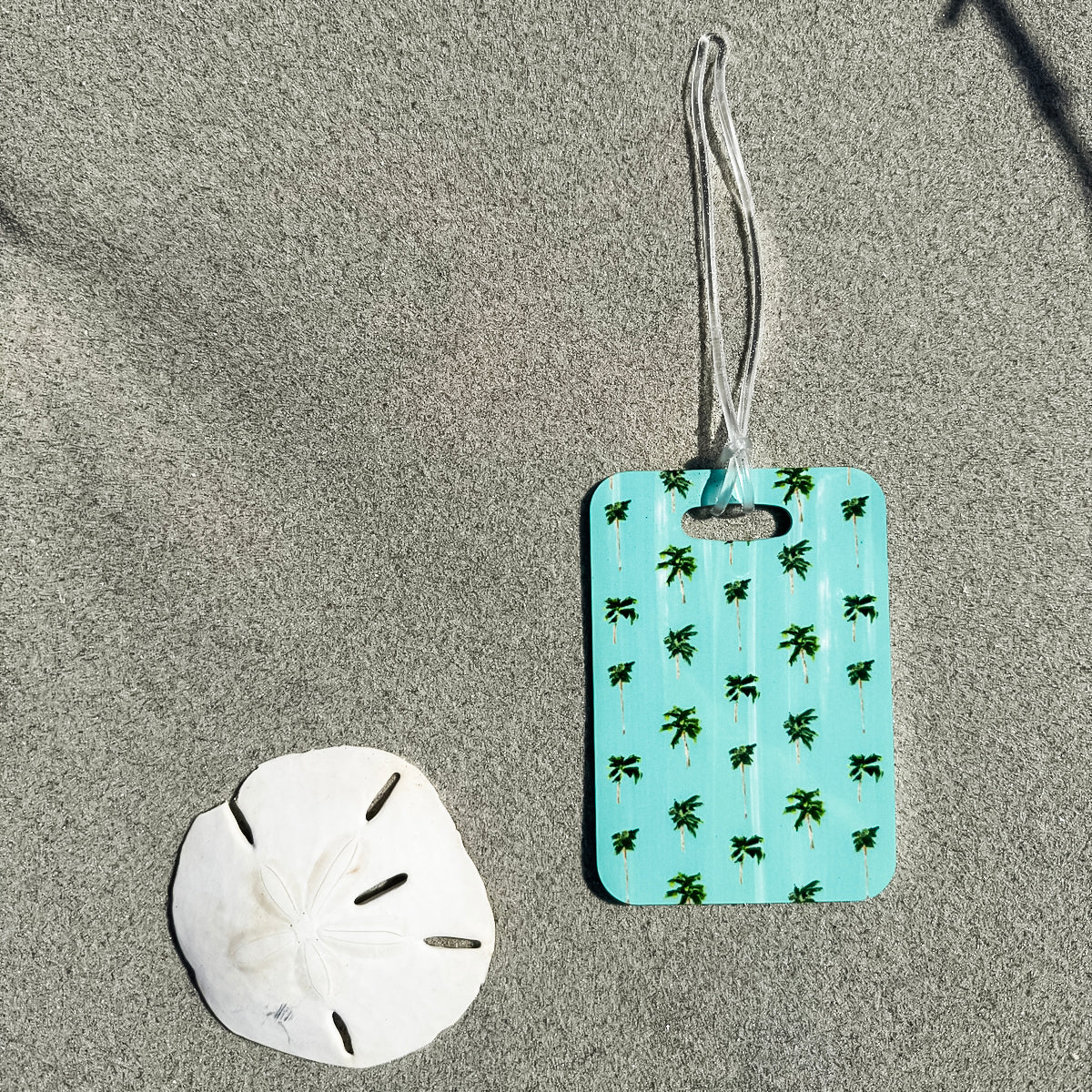 Coastal luggage tag in rectangle, 4” size with double-sided print—coastal style for easy bag spotting.