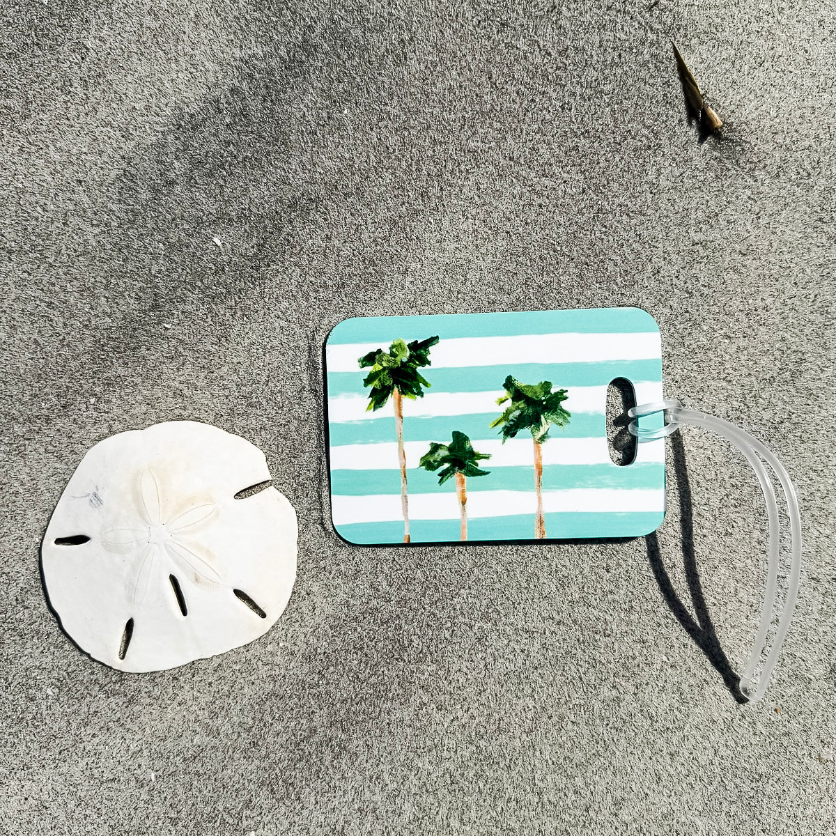 Coastal luggage tag in rectangle, 4” size with double-sided print—coastal style for easy bag spotting.