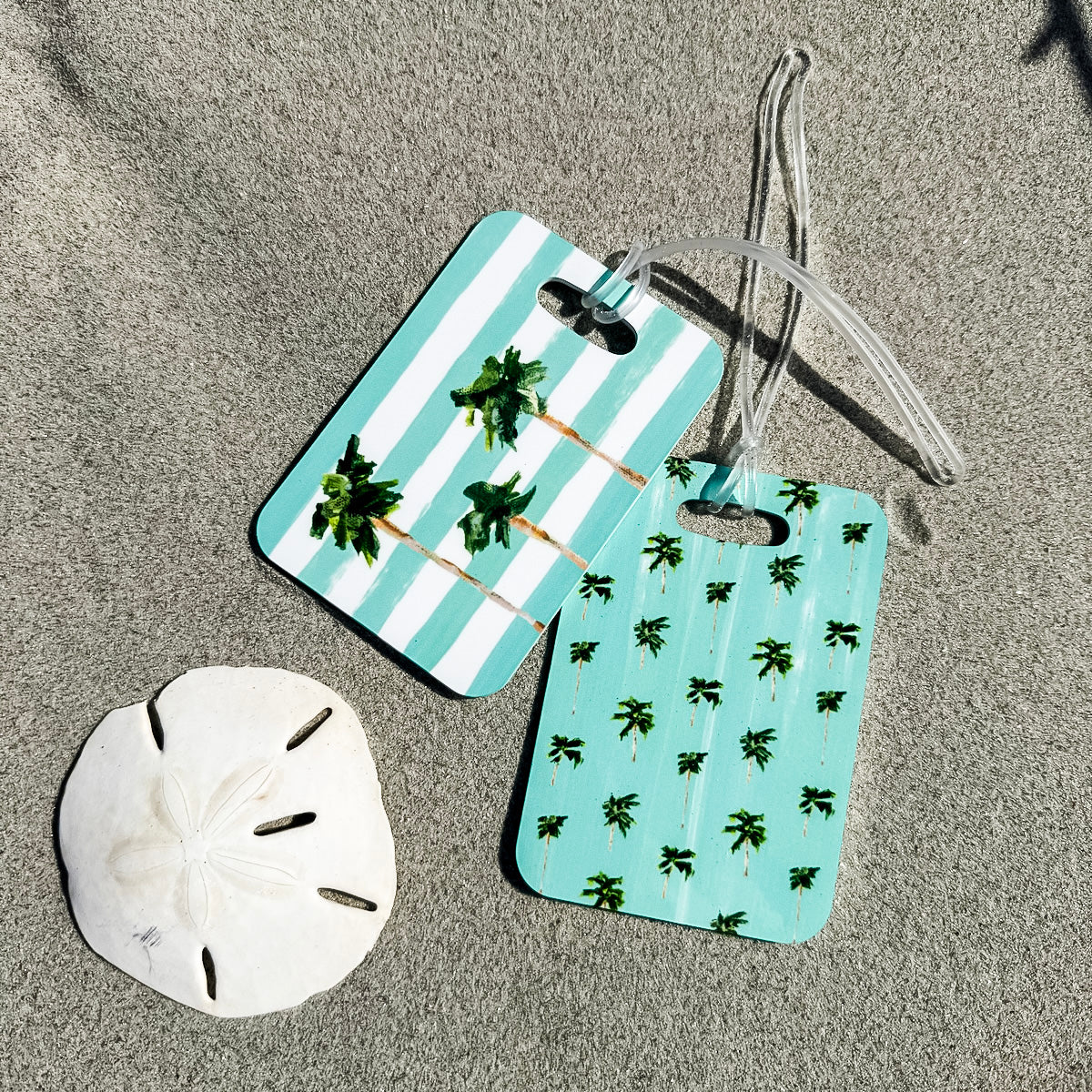 Coastal luggage tag in rectangle, 4” size with double-sided print—coastal style for easy bag spotting.