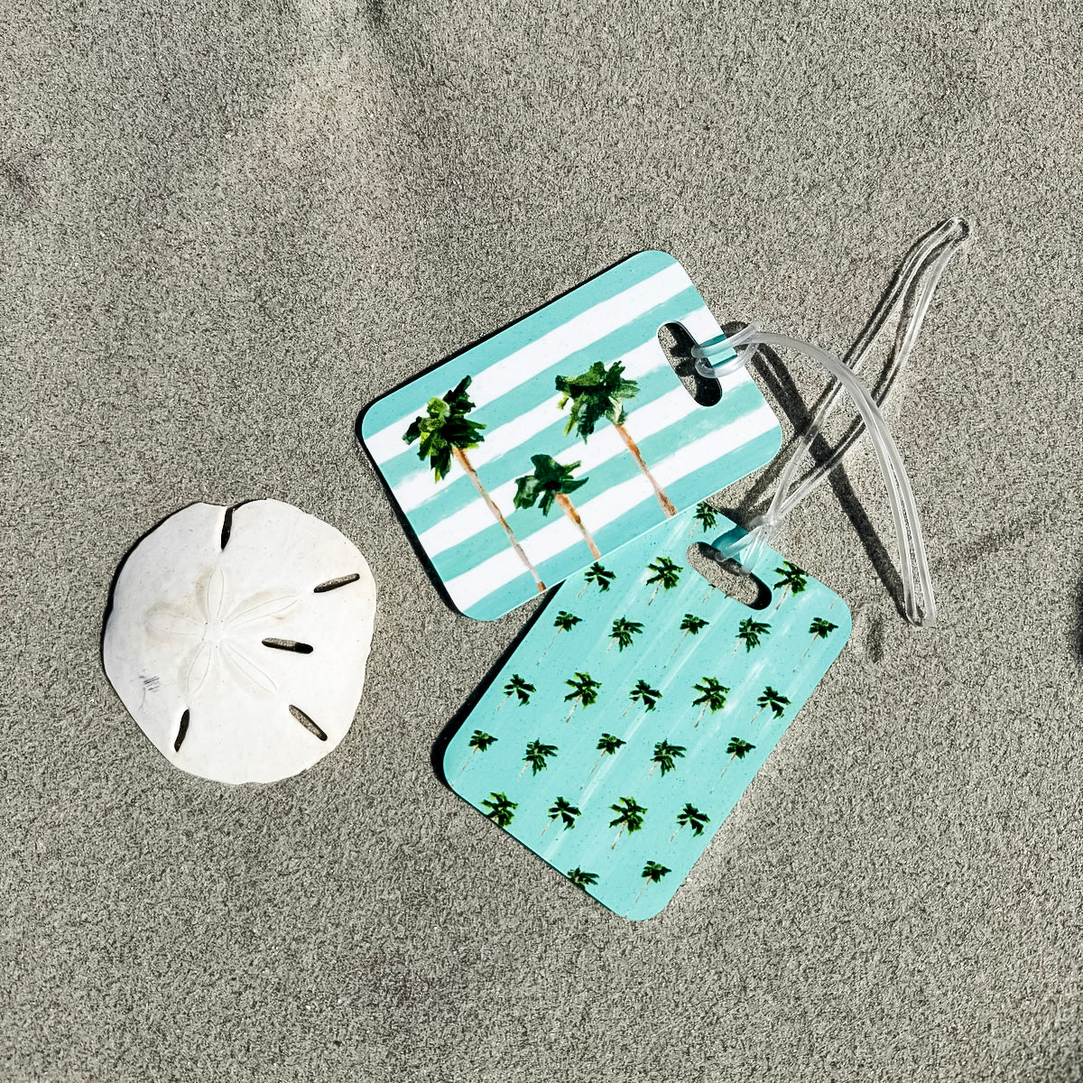 Coastal luggage tag in rectangle, 4” size with double-sided print—coastal style for easy bag spotting.
