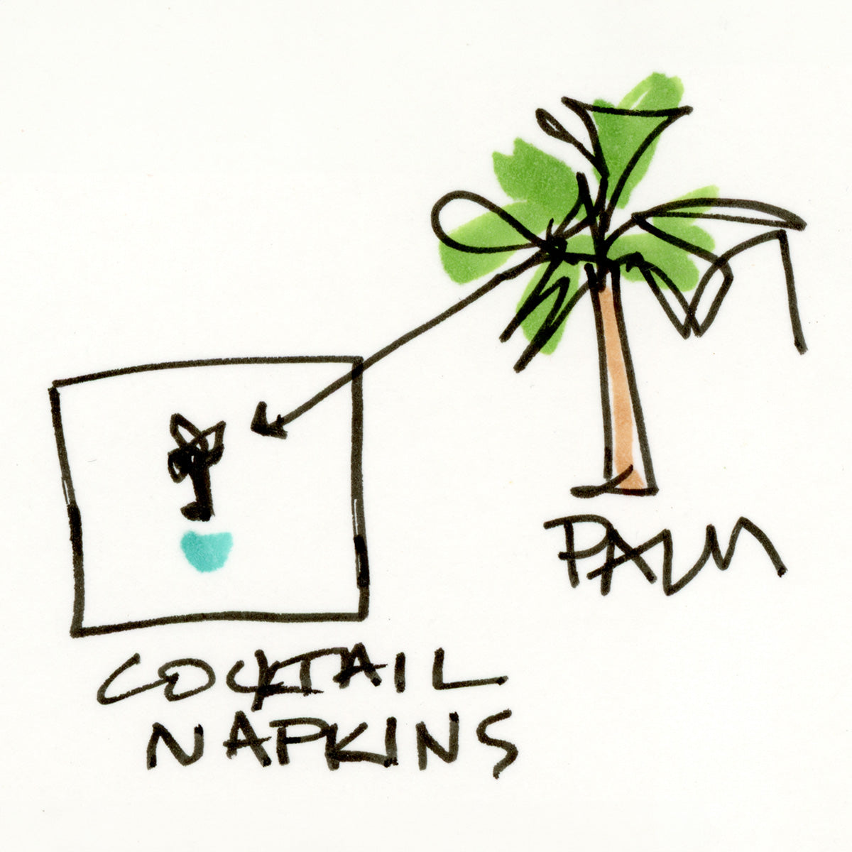 White coastal cocktail napkins, made from soft, three-ply paper with a smooth texture and custom design, are perfect for relaxed entertaining. Sketch by Pamela Wingard Fine Art.