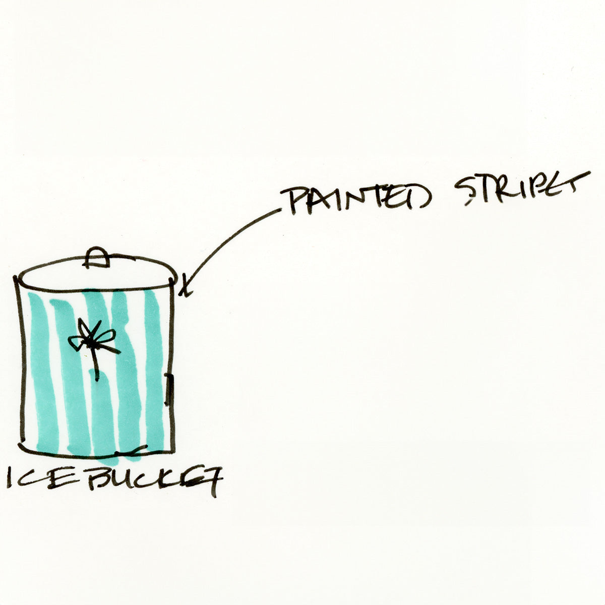 Ice bucket with tongs made from clear Lucite acrylic. Coastal design with removable lid for easy entertaining. Sketch by Pamela Wingard Fine Art.