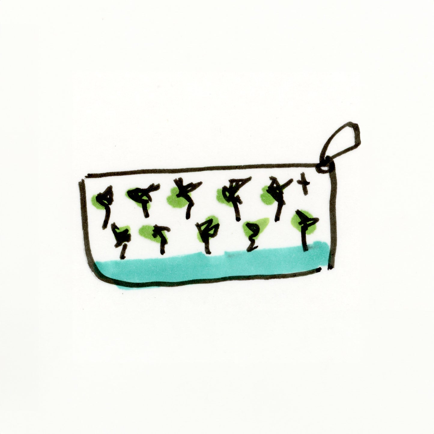 Clutch bag with Saffiano finish and two compartments. Compact faux leather design with wrist strap for everyday ease. Sketch by Pamela Wingard Fine Art.