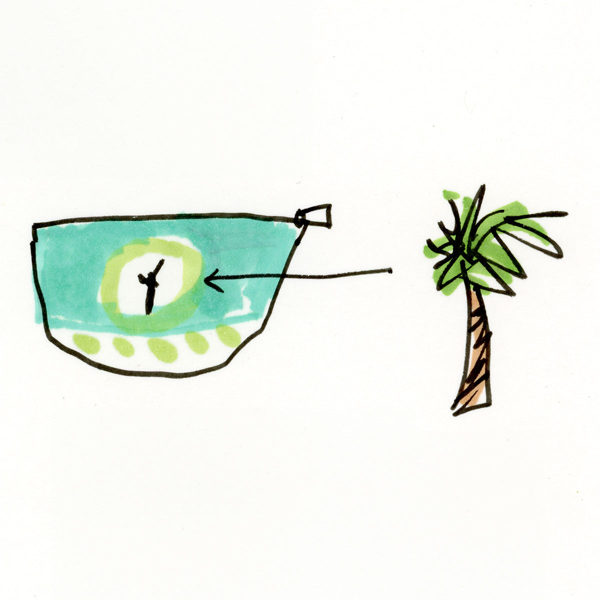 Coastal accessory bag with zip closure and T-bottom shape—perfect for makeup, travel, or beach day gear. Sketch by Pamela Wingard Fine Art.