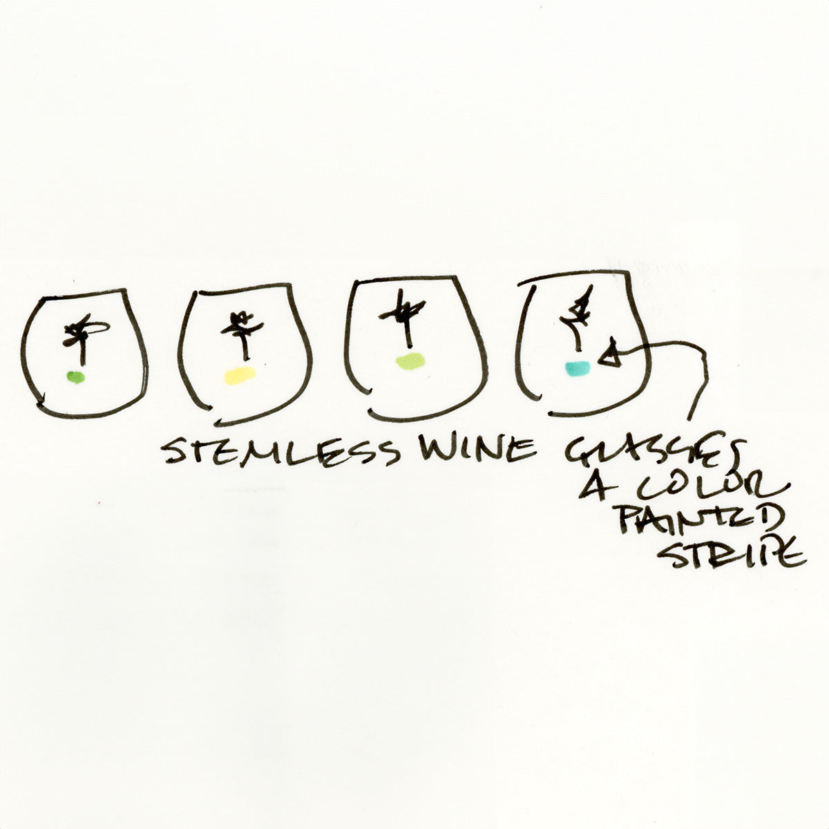 Coastal stemless wine glasses holds 15 oz—coastal coastal design. Sketch by Pamela Wingard Fine Art.