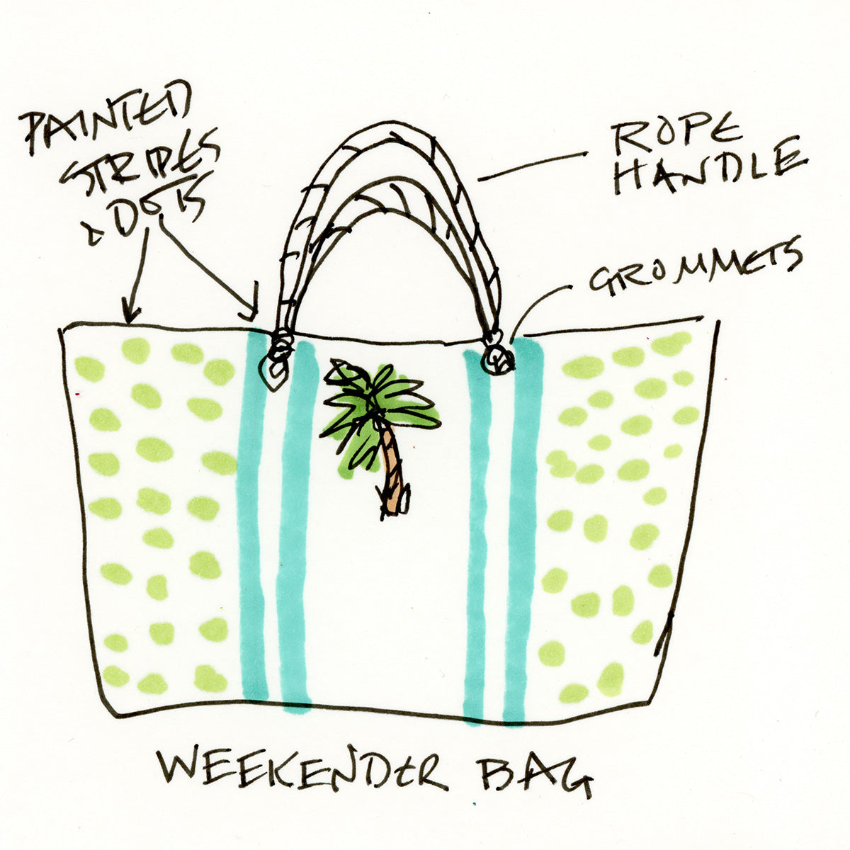 Coastal weekender beach bag with soft cotton-blend lining and durable spun polyester—perfect for a day at the beach. Sketch by Pamela Wingard Fine Art.