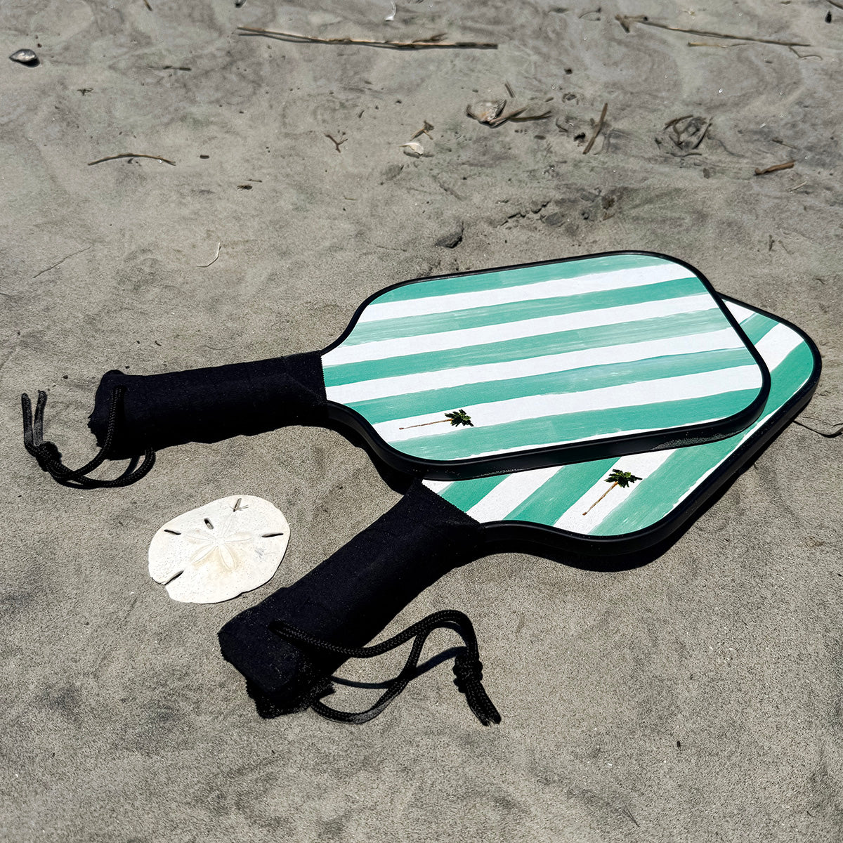 Coastal pickleball kit with 2 paddles, 2 balls, and carry bag—wood paddles with double-sided coastal stripe for on-the-go fun.
