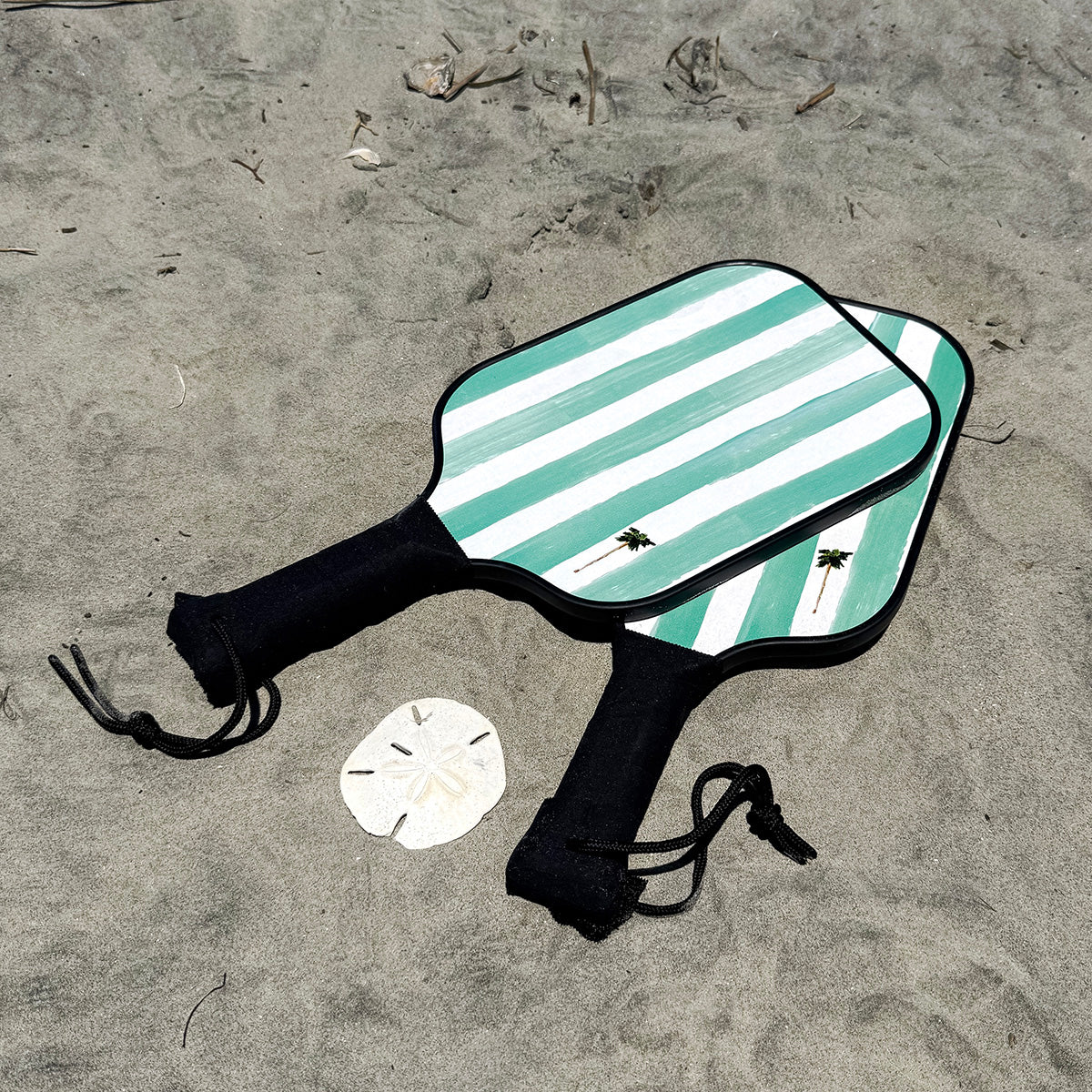 Coastal pickleball kit with 2 paddles, 2 balls, and carry bag—wood paddles with double-sided coastal stripe for on-the-go fun.