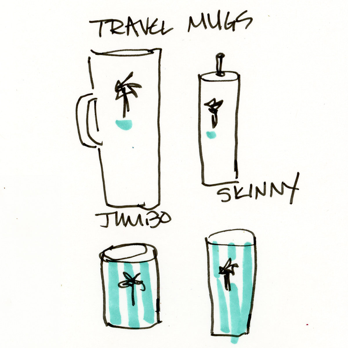 Coastal tumblers and travel mugs. Sketch by Pamela Wingard Fine Art.