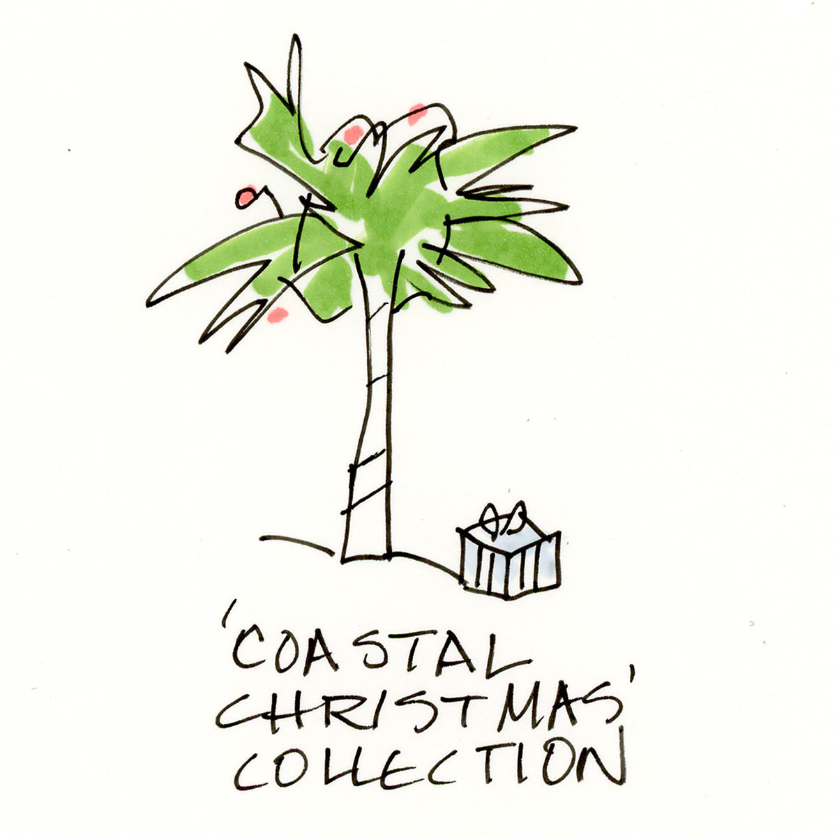Coastal painted holiday prints and products collection. Sketch by Pamela Wingard Fine Art.