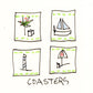 Coastal painted coasters as part of a holiday prints and products collection. Sketch by Pamela Wingard Fine Art.