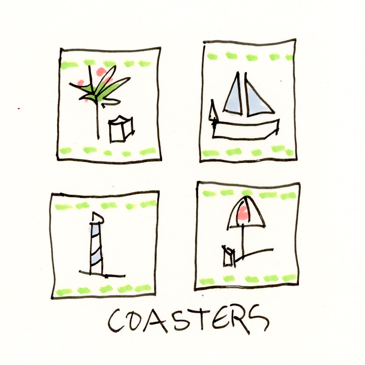 Coastal painted coasters as part of a holiday prints and products collection. Sketch by Pamela Wingard Fine Art.