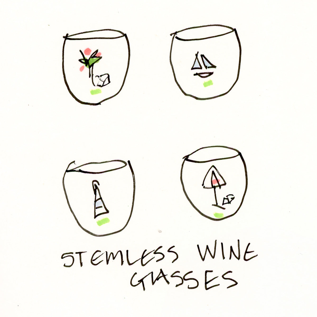 Coastal painted stemless wine glasses as part of a holiday prints and products collection. Sketch by Pamela Wingard Fine Art.