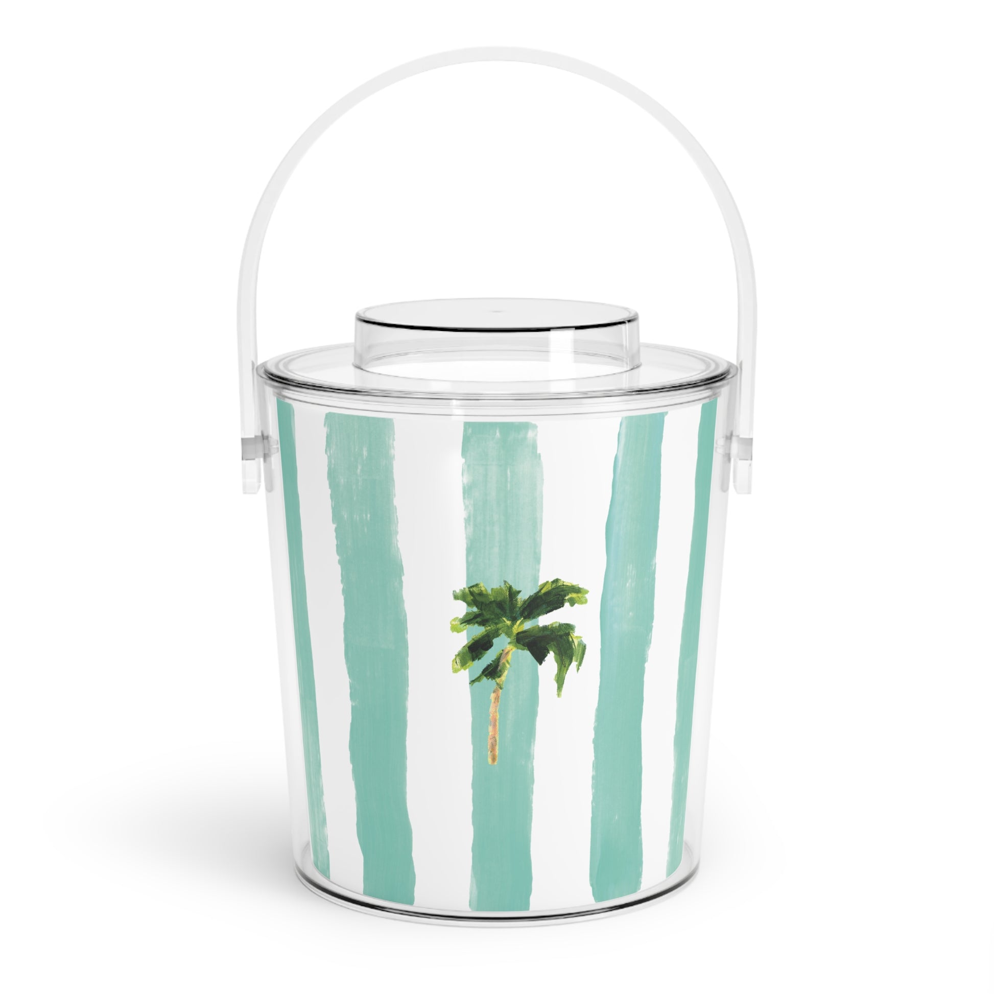 Ice bucket with tongs made from clear Lucite acrylic. Coastal design with removable lid for easy entertaining.