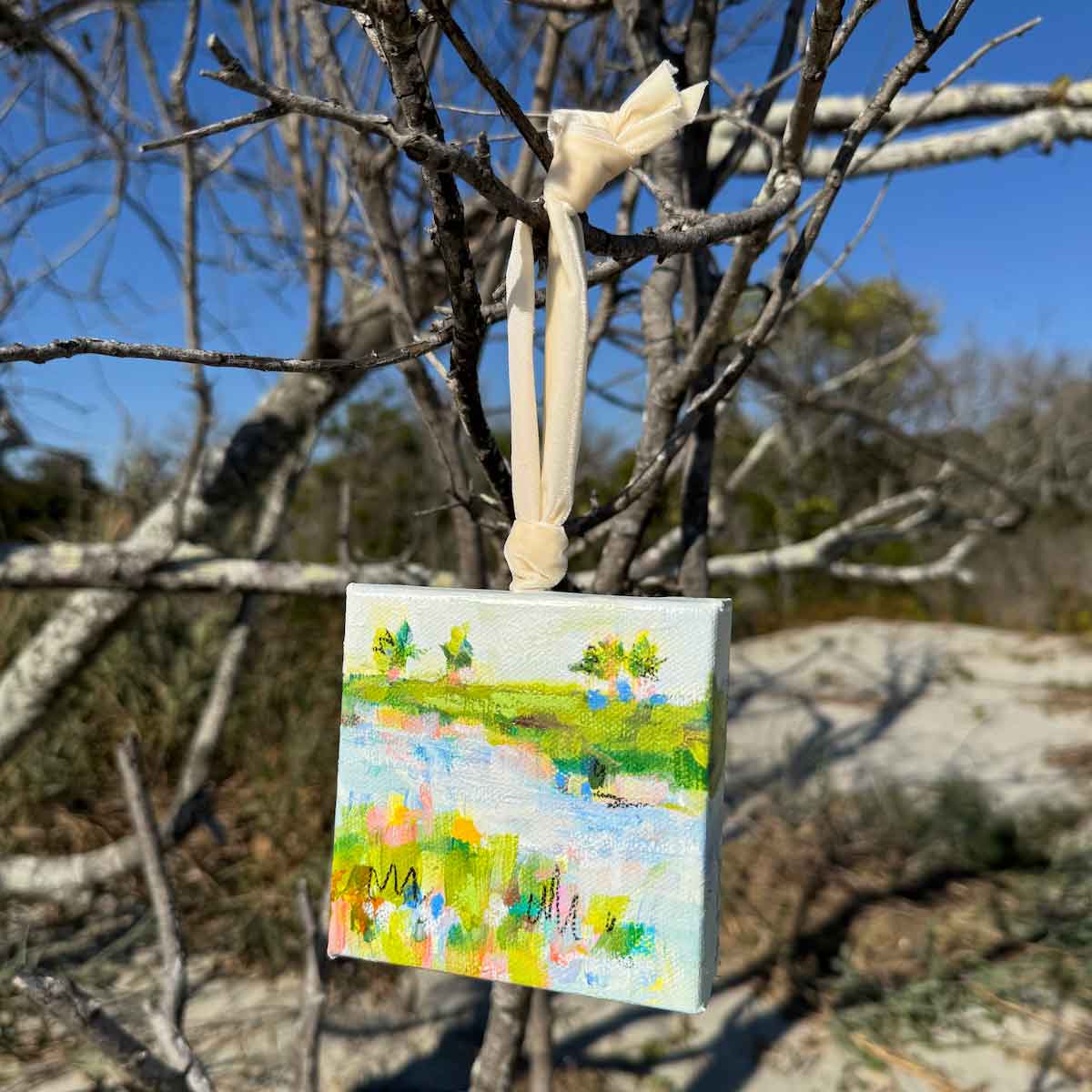 Original Art Christmas Ornament – 4x4 hand-painted canvas and ribbon, perfect for a coastal-inspired holiday.