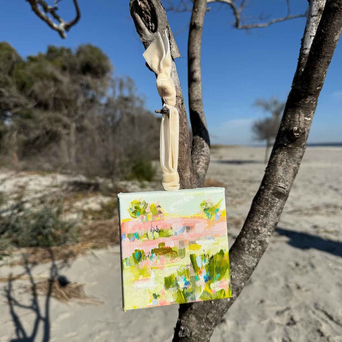 Original Art Christmas Ornament – 4x4 hand-painted canvas and ribbon, perfect for a coastal-inspired holiday.