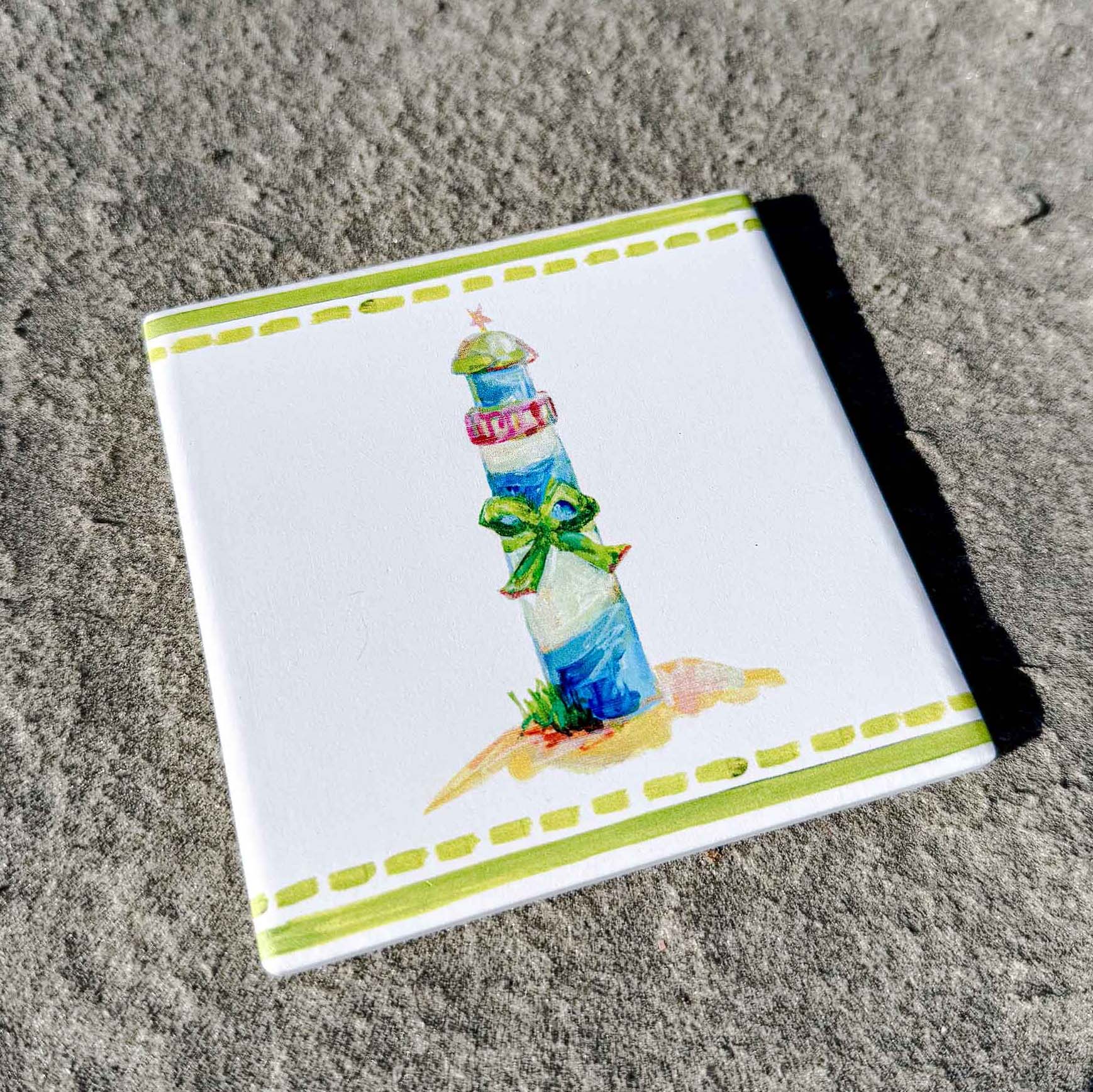 Coastal ceramic coaster with cork backing—square design for hot or cold drinks, easy to clean, and full of coastal charm. Coastal Christmas coaster.