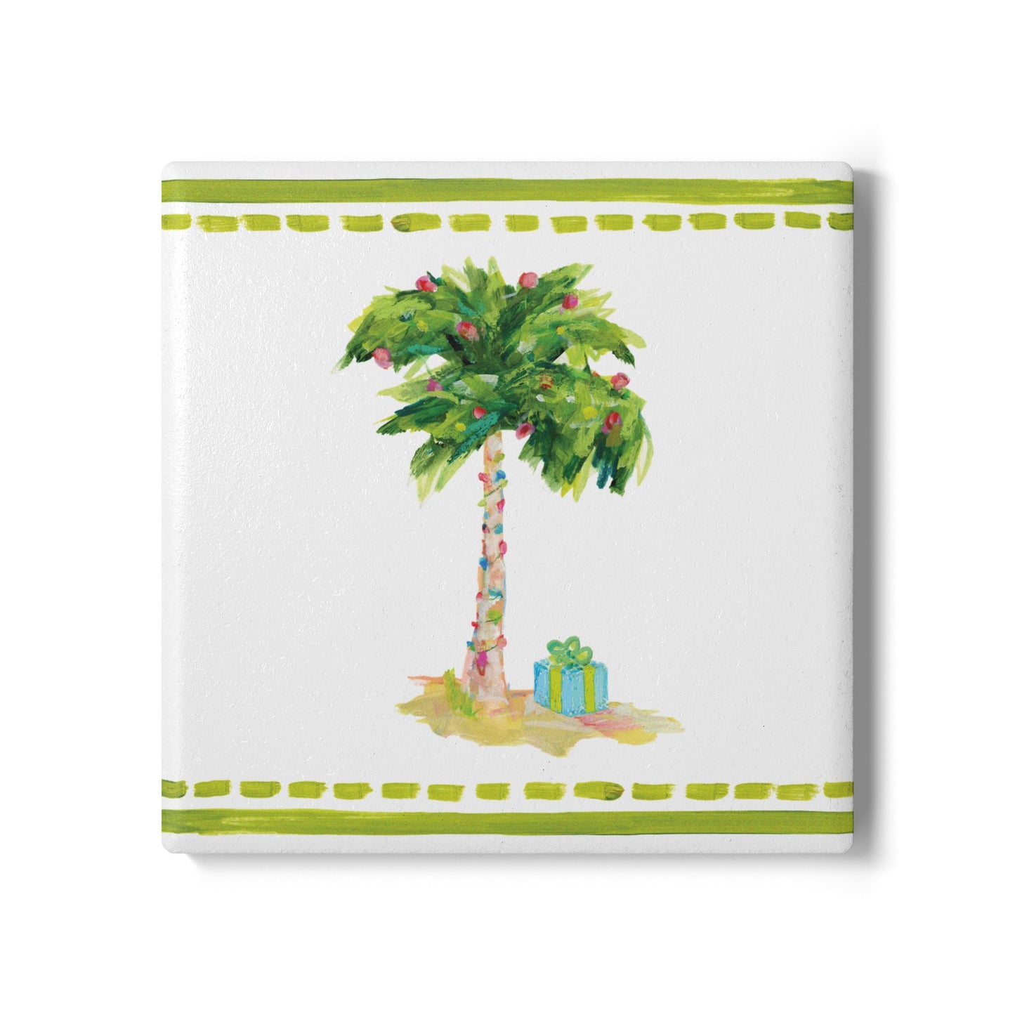 Coastal ceramic coaster with cork backing—square design for hot or cold drinks, easy to clean, and full of coastal charm. Coastal Christmas coaster.