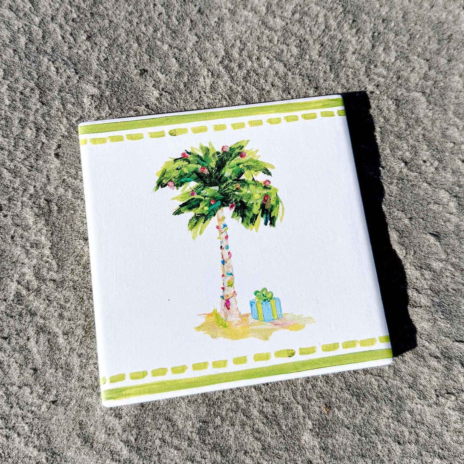 Coastal ceramic coaster with cork backing—square design for hot or cold drinks, easy to clean, and full of coastal charm. Coastal Christmas coaster.