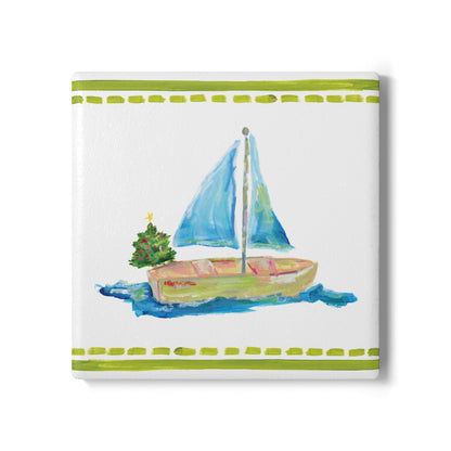 Coastal ceramic coaster with cork backing—square design for hot or cold drinks, easy to clean, and full of coastal charm. Coastal Christmas coaster.