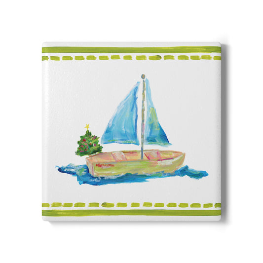 Coastal ceramic coaster with cork backing—square design for hot or cold drinks, easy to clean, and full of coastal charm. Coastal Christmas coaster.
