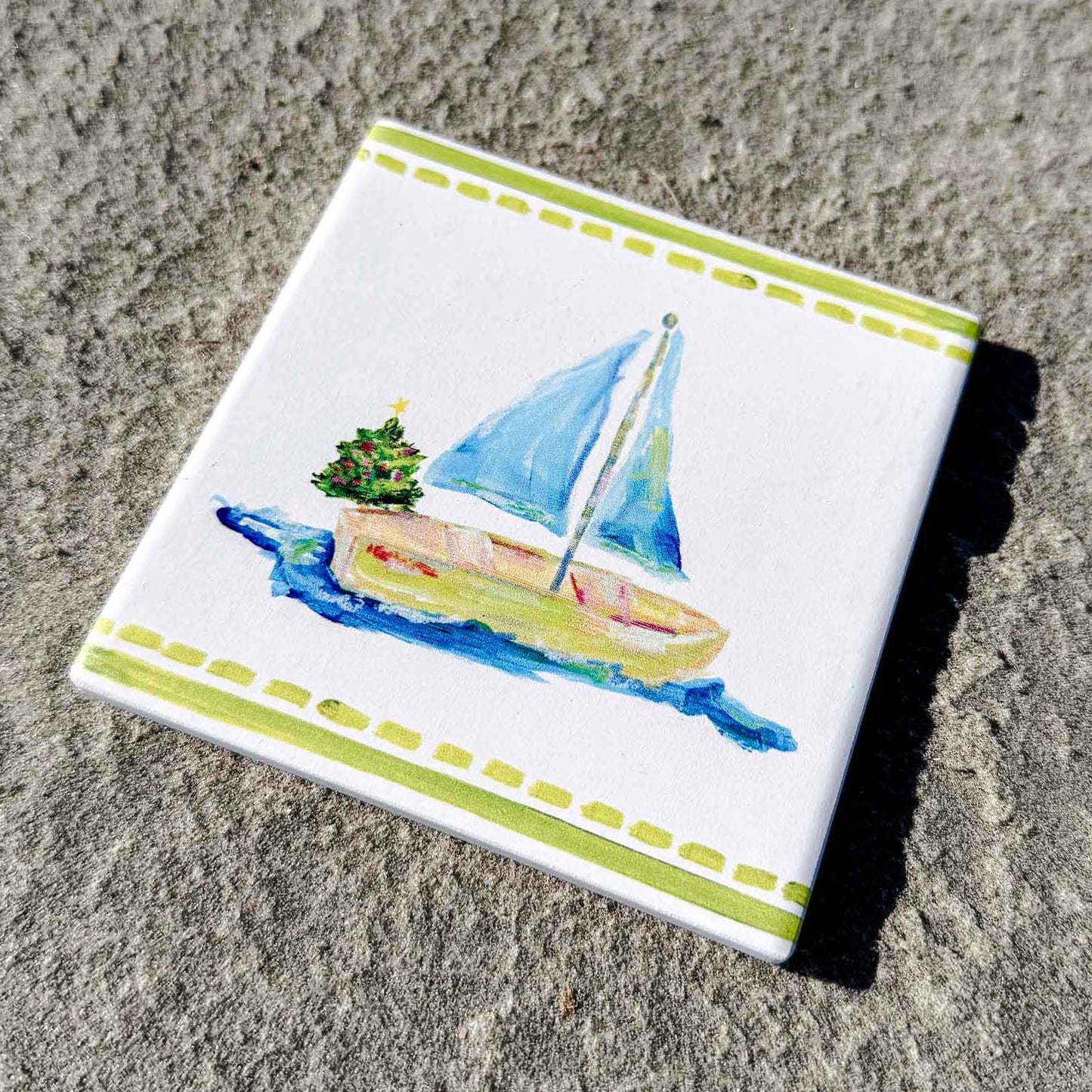Coastal ceramic coaster with cork backing—square design for hot or cold drinks, easy to clean, and full of coastal charm. Coastal Christmas coaster.