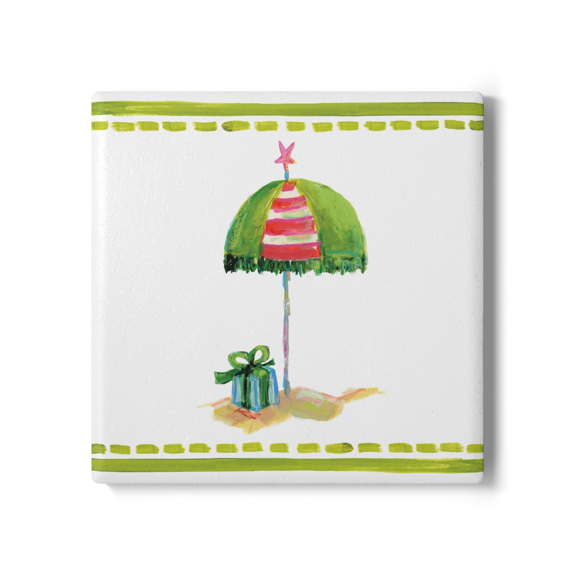 Coastal ceramic coaster with cork backing—square design for hot or cold drinks, easy to clean, and full of coastal charm. Coastal Christmas coaster.