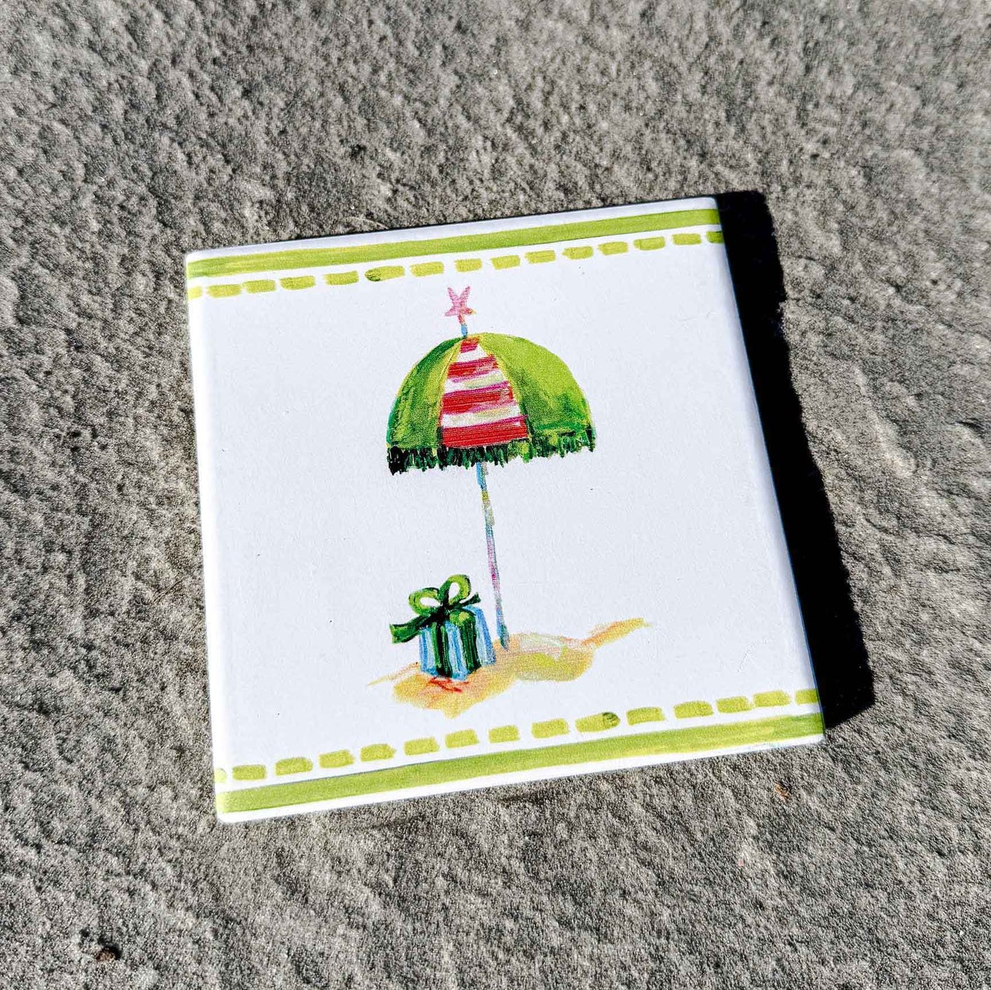 Coastal ceramic coaster with cork backing—square design for hot or cold drinks, easy to clean, and full of coastal charm. Coastal Christmas coaster.