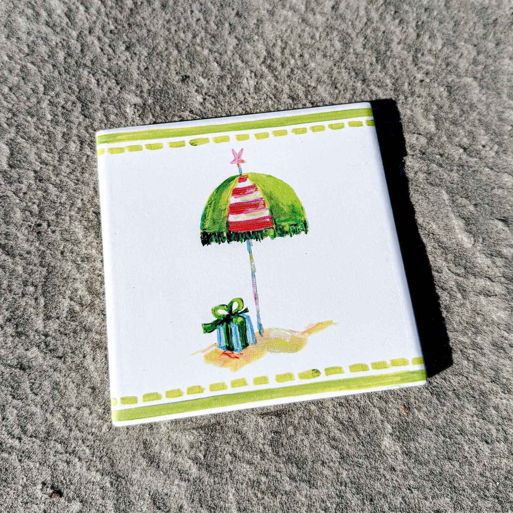 Coastal ceramic coaster with cork backing—square design for hot or cold drinks, easy to clean, and full of coastal charm. Coastal Christmas coaster.