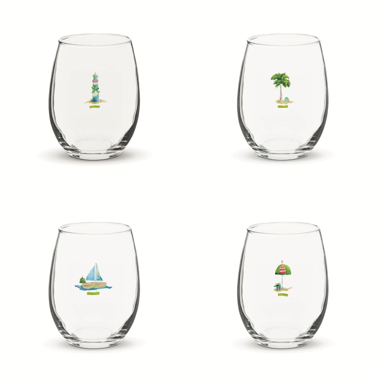 Coastal stemless wine glass holds 15 oz—coastal coastal design. Coastal Christmas wine glass.