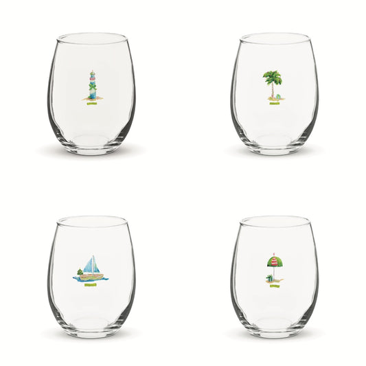 Coastal stemless wine glass holds 15 oz—coastal coastal design. Coastal Christmas wine glass.