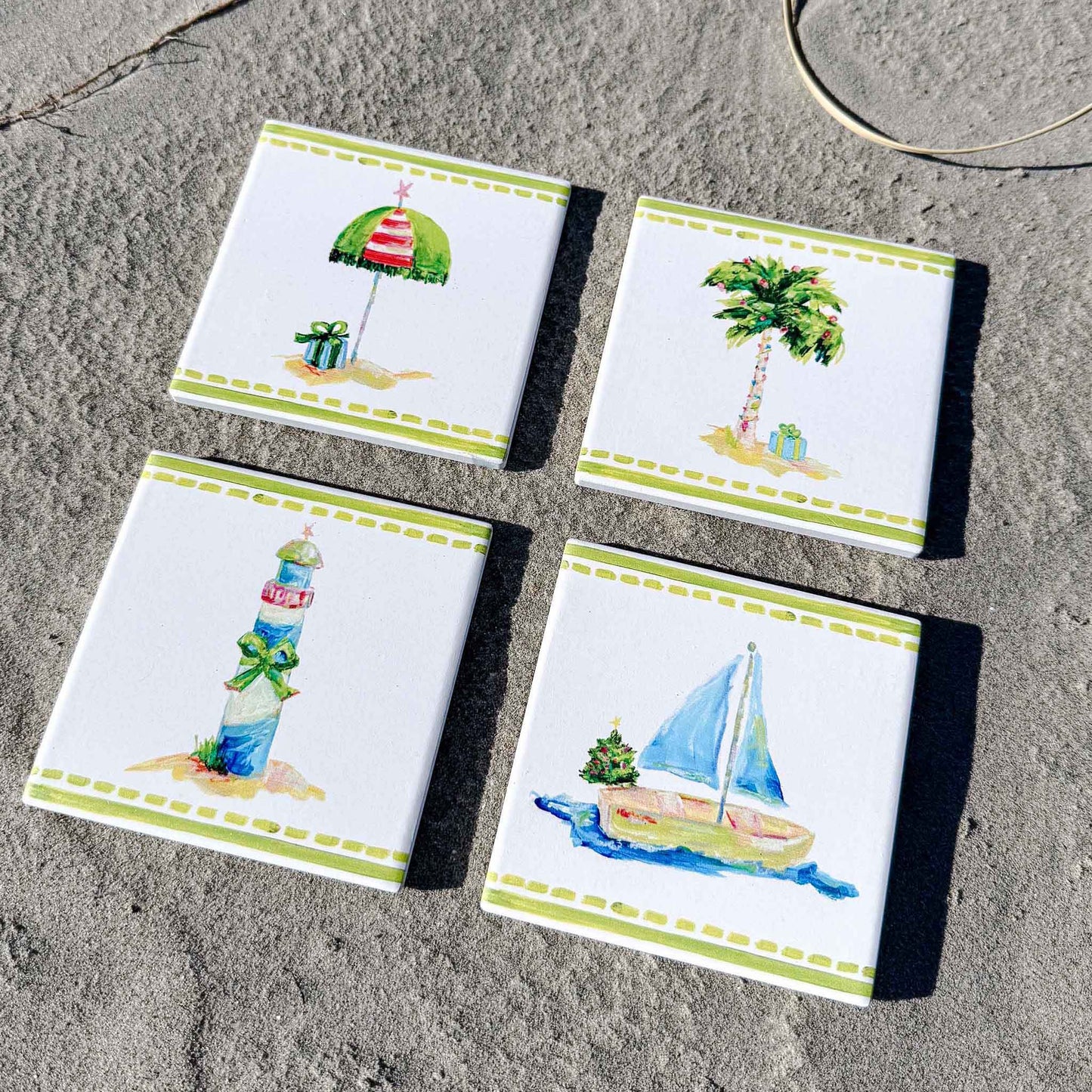 Coastal ceramic coaster with cork backing—square design for hot or cold drinks, easy to clean, and full of coastal charm. Coastal Christmas coaster.