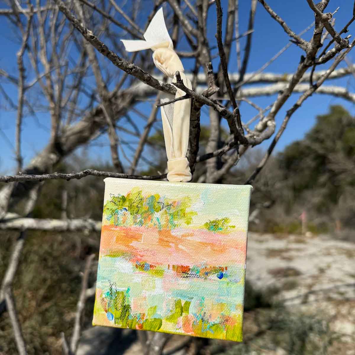 Original Art Christmas Ornament – 4x4 hand-painted canvas and ribbon, perfect for a coastal-inspired holiday.