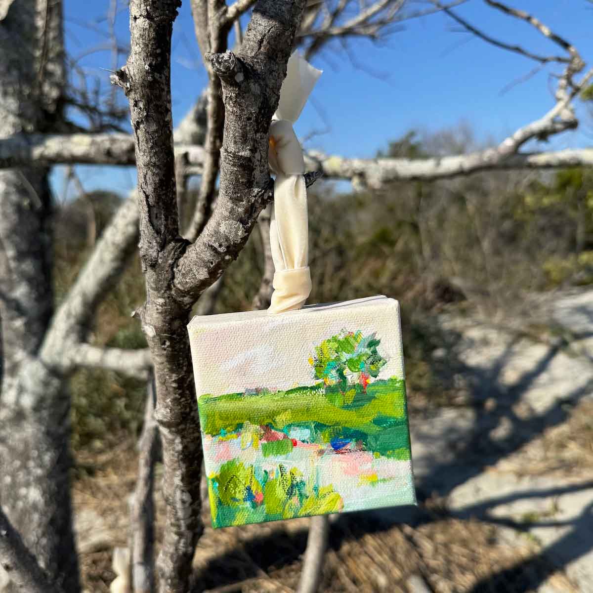 Original Art Christmas Ornament – 4x4 hand-painted canvas and ribbon, perfect for a coastal-inspired holiday.