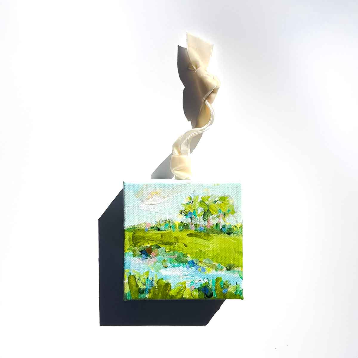 Original Art Christmas Ornament – 4x4 hand-painted canvas and ribbon, perfect for a coastal-inspired holiday.