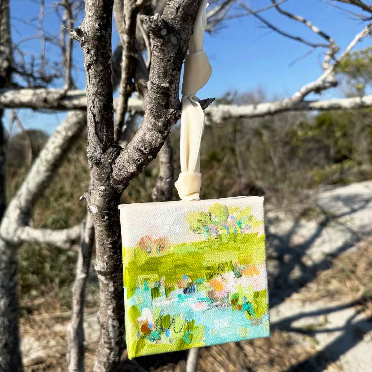 Original Art Christmas Ornament – 4x4 hand-painted canvas and ribbon, perfect for a coastal-inspired holiday.