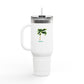 Insulated travel mug with coastal design is 40oz, double-wall stainless steel, and straw—keeps drinks cold or hot for hours.