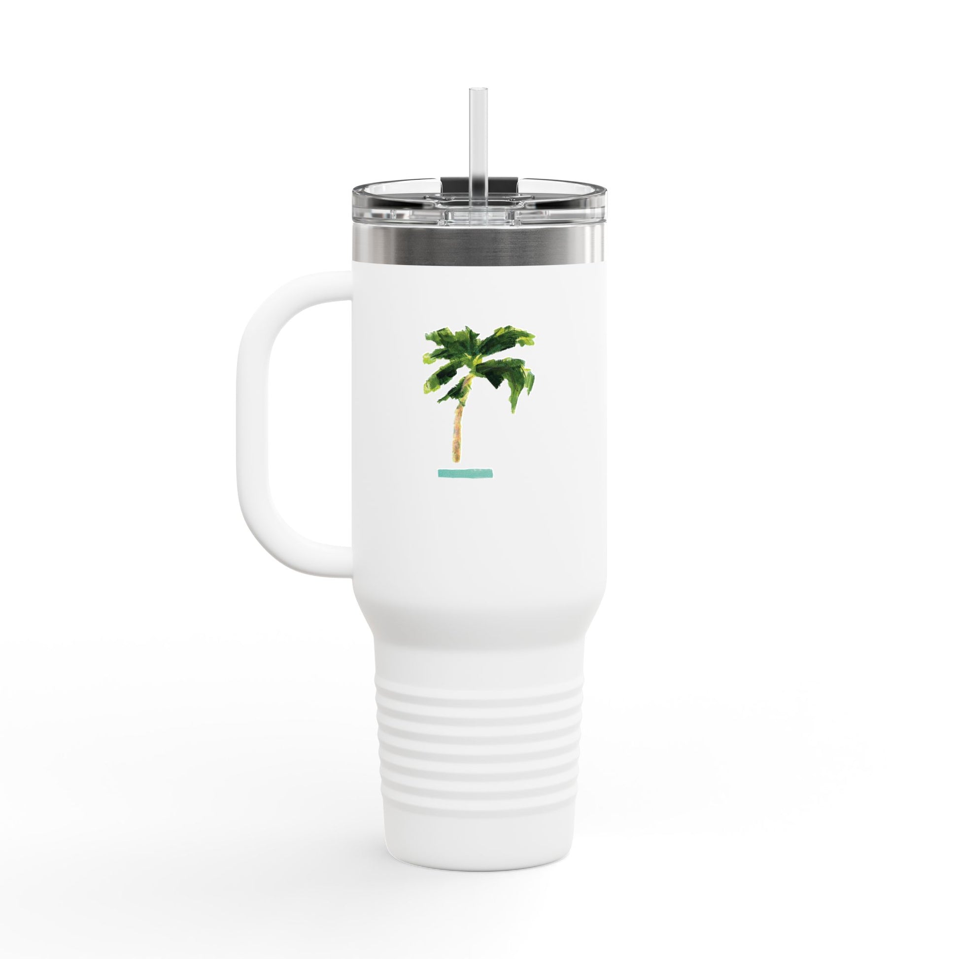 Insulated travel mug with coastal design is 40oz, double-wall stainless steel, and straw—keeps drinks cold or hot for hours.