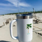 Insulated travel mug with coastal design is 40oz, double-wall stainless steel, and straw—keeps drinks cold or hot for hours.