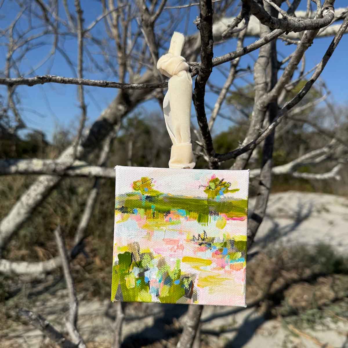 Original Art Christmas Ornament – 4x4 hand-painted canvas and ribbon, perfect for a coastal-inspired holiday.