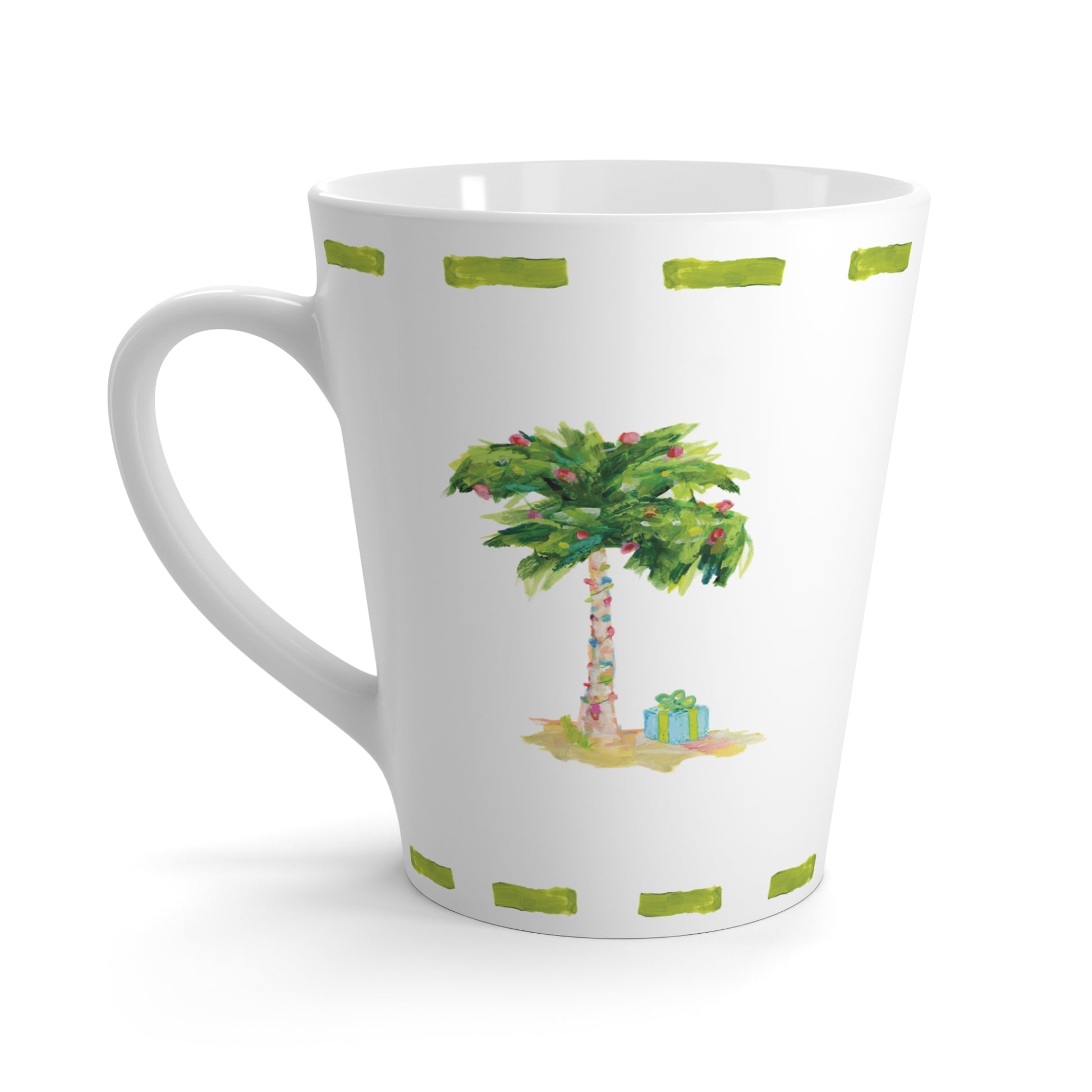 Ceramic latte mug with rounded corners and handle—12oz of comfort for your coffee routine. Coastal Christmas latte mug.