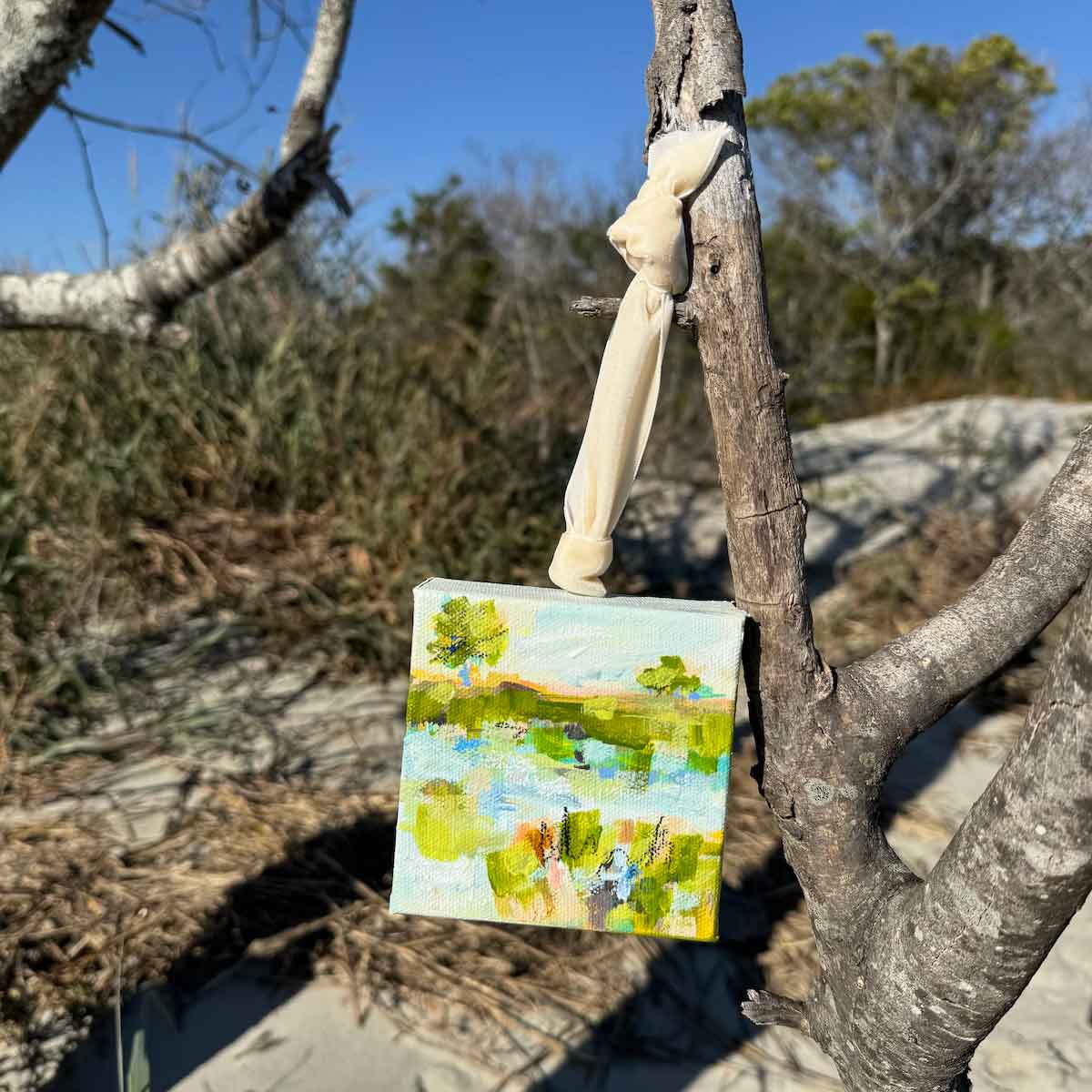 Original Art Christmas Ornament – 4x4 hand-painted canvas and ribbon, perfect for a coastal-inspired holiday.