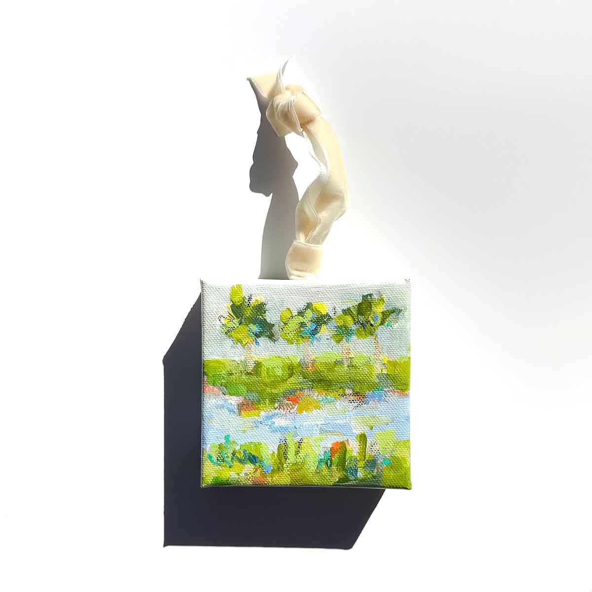 Original Art Christmas Ornament – 4x4 hand-painted canvas and ribbon, perfect for a coastal-inspired holiday.