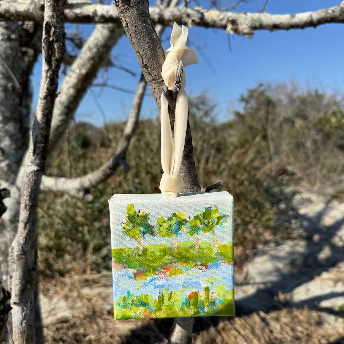 Original Art Christmas Ornament – 4x4 hand-painted canvas and ribbon, perfect for a coastal-inspired holiday.